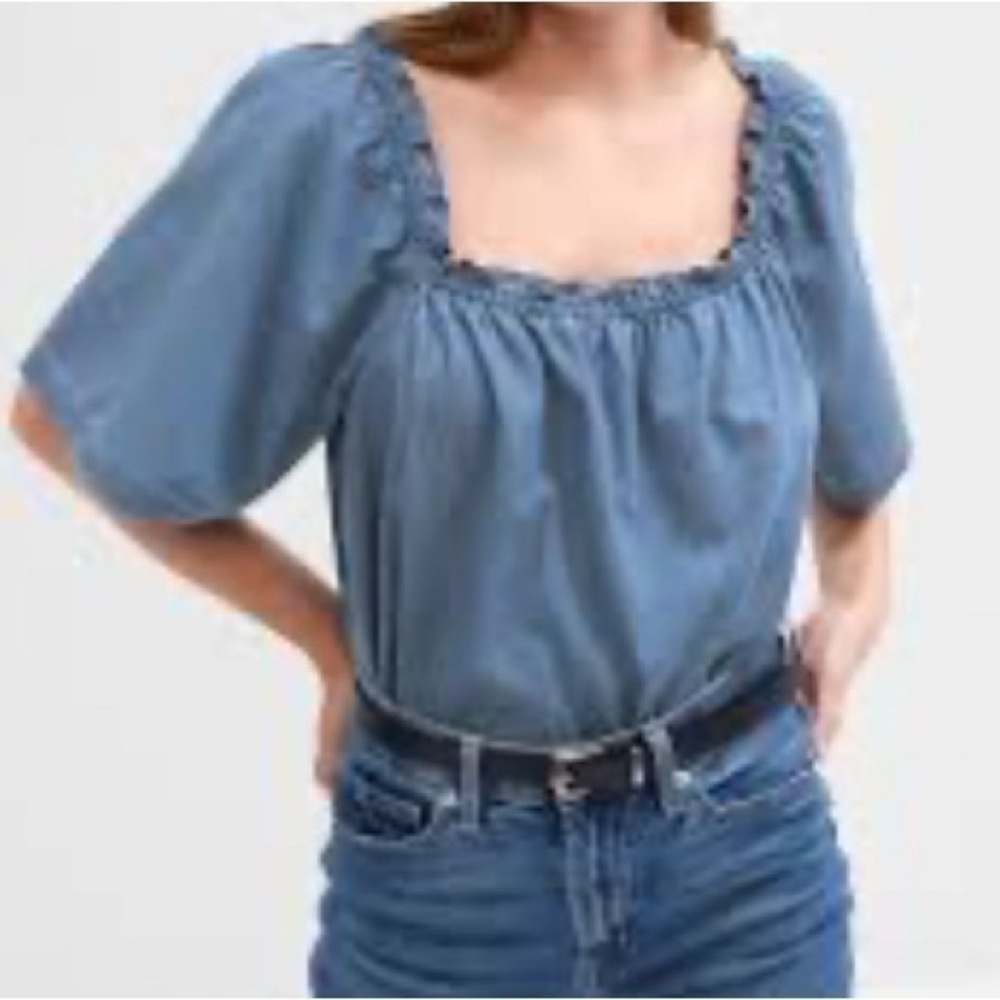 GAP Blue Ruched Puff Sleeve Blouse